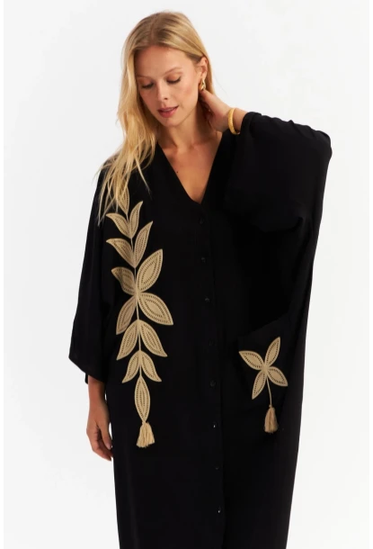 Kadın Siyah Nakışlı Cepli Maxi Elbise ALO13