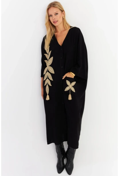 Kadın Siyah Nakışlı Cepli Maxi Elbise MALO13