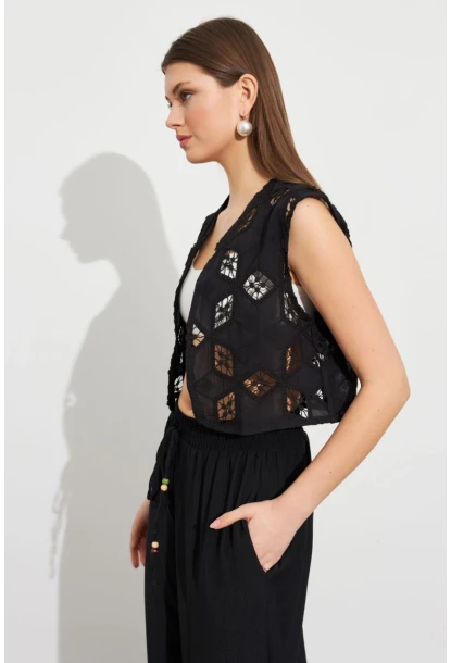 Kadın Siyah Nakışlı Crop Yelek ZH110