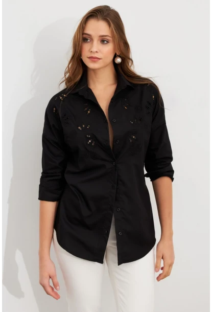 Kadın Siyah Nakışlı Gömlek DAF5017