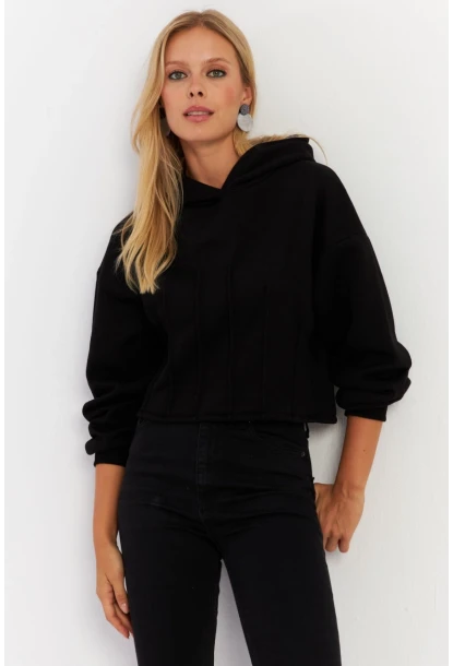 Kadın Siyah Nervüllü Üç İplik Sweatshirt TF13