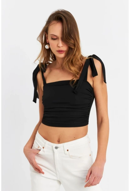 Kadın Siyah Omuz Bağlamalı Crop Bluz B5023-90
