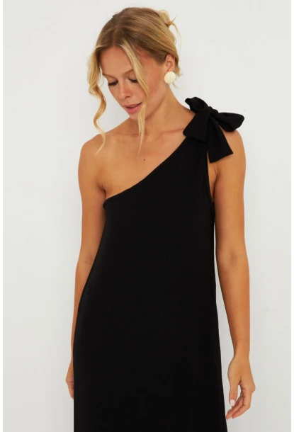 Kadın Siyah Omuz Fiyonklu Bürümcük Midi Elbise EY2800