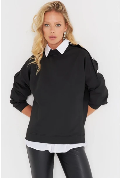 Kadın Siyah Omuz Taşlı Dalgıç Sweatshirt ST824