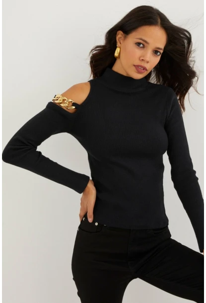 Kadın Siyah Omuzları Açık Zincirli Triko Bluz SF2005