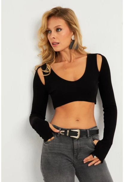 Kadın Siyah Omuzları Pencereli Kaşkorse Crop Bluz B5024