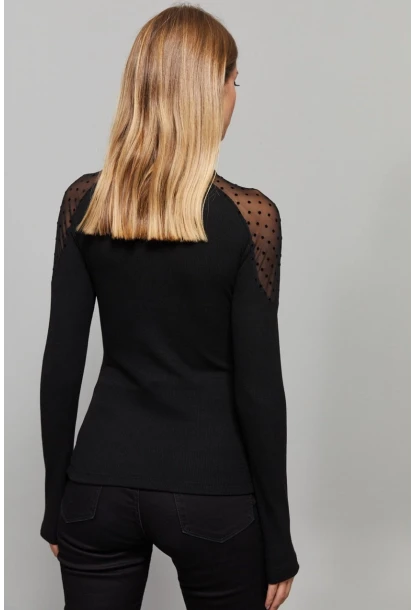 Kadın Siyah Omuzları Puantiyeli Tül Bluz EY1098