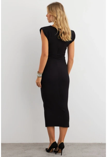 Kadın Siyah Omuzları Vatkalı Drape Maxi Elbise KED4252