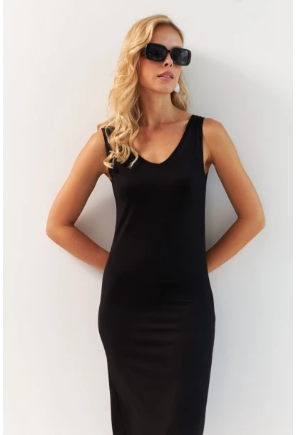 Kadın Siyah Ön Arka V Midi Elbise RX440