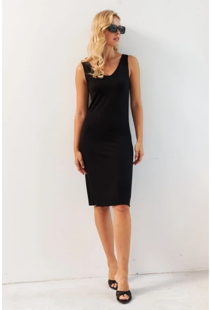 Kadın Siyah Ön Arka V Midi Elbise RX440