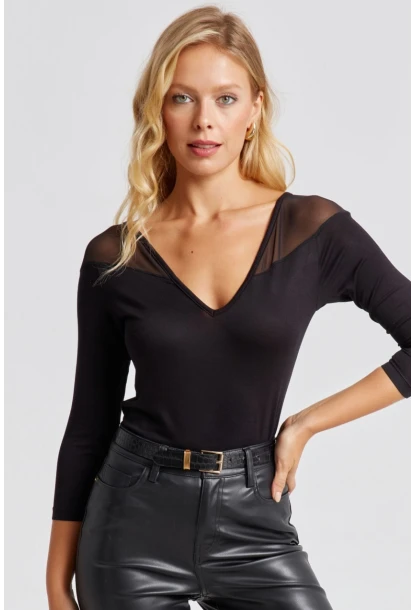 Kadın Siyah Ön Arka V Tül Detaylı Bluz Yİ2502