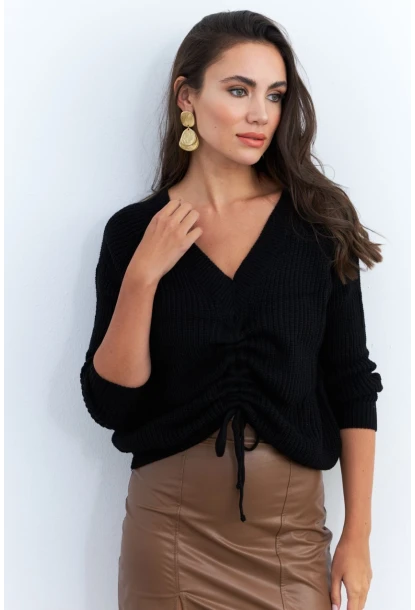 Kadın Siyah Önü Arka V Önü Büzgülü Kazak KAZ29