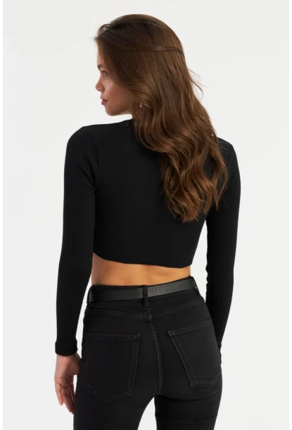 Kadın Siyah Önü Bağlamalı Kaşkorse Crop Bluz AYD381