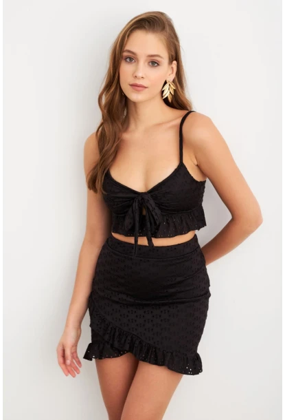 Kadın Siyah Önü Bağlamalı Mini Etekli Takım LİT1088