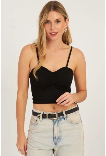 Kadın Siyah Önü Büzgülü Crop Bluz CG339