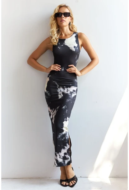 Kadın Siyah Önü Büzgülü Desenli Midi Elbise HC1581