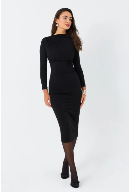 Kadın Siyah Önü Büzgülü Midi Elbise FRY2260