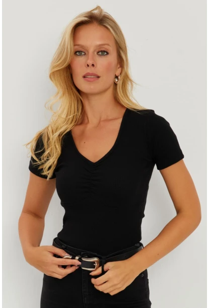 Kadın Siyah Önü Büzgülü V Yaka Bluz AYD309