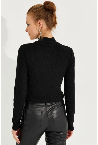 Kadın Siyah Önü Damla Crop Bluz LPP1243