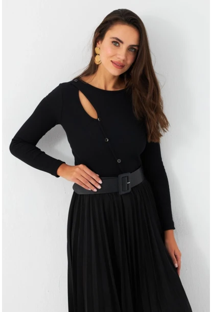 Kadın Siyah Önü Damla Kaşkorse Bluz EY2974
