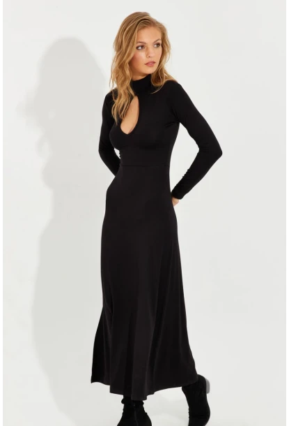 Kadın Siyah Önü Damla Yırtmaçlı Midi Elbise EY2575