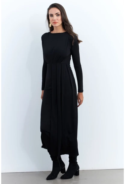Kadın Siyah Önü Drapeli Maxi Elbise SHR5