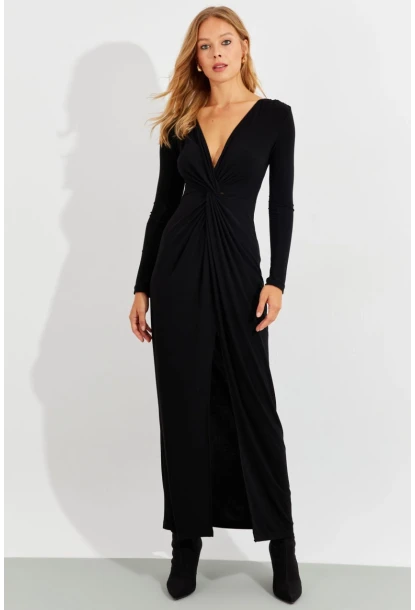 Kadın Siyah Önü Düğümlü Maxi Elbise BK1708