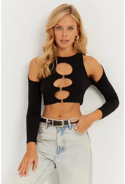 Kadın Siyah Önü Halkalı Crop Bluz MEN2038