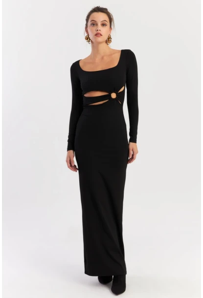 Kadın Siyah Önü Halkalı Maxi Yılbaşı Elbise DCF089