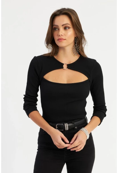 Kadın Siyah Önü Halkalı Pencereli Kaşkorse Bluz AYD382
