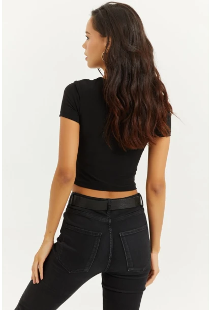 Kadın Siyah Önü Pencereli Crop Bluz ELT2670