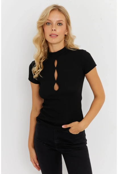Kadın Siyah Önü Pencereli Kaşkorse Bluz EY2887