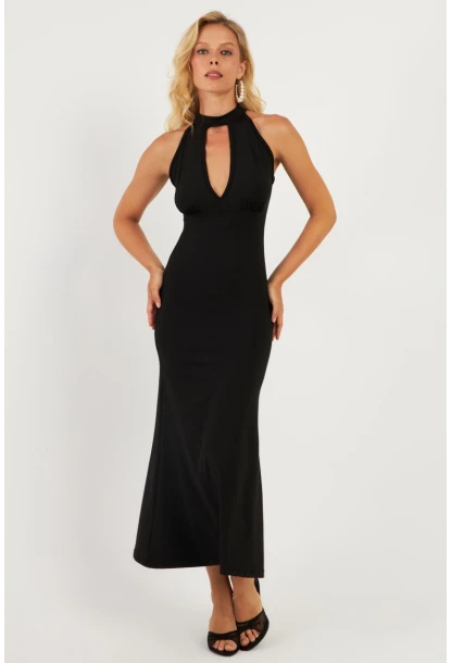 Kadın Siyah Önü Pencereli Midi Elbise EY2849