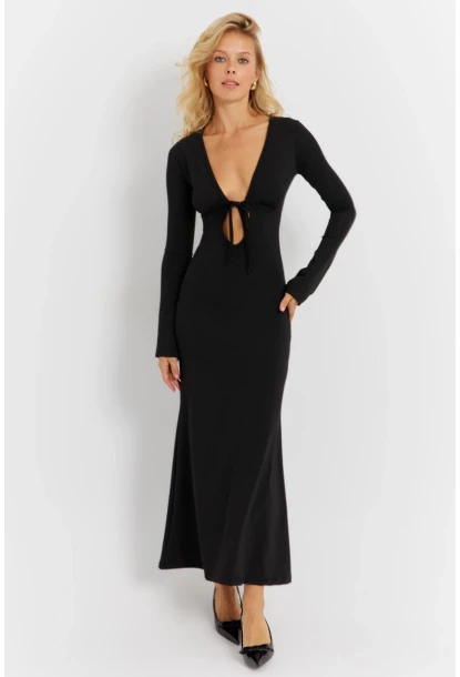 Kadın Siyah Önü Pencereli Midi Elbise EY2859