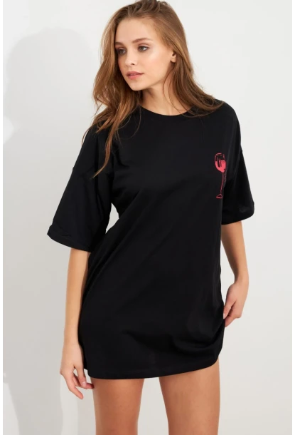 Kadın Siyah Oversize Pijama T-Shirt TPG14