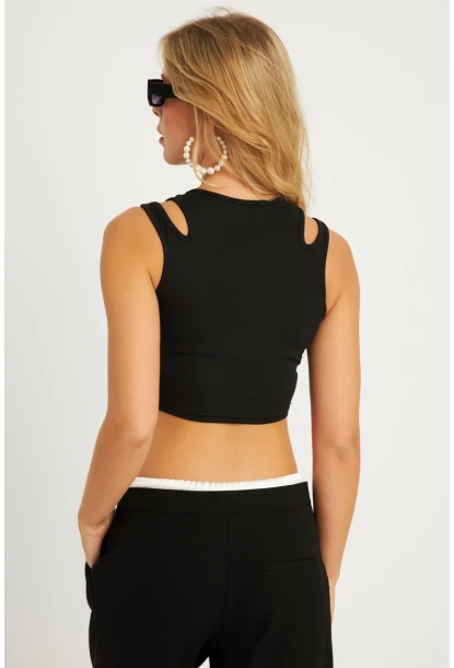 Kadın Siyah Pencereli Crop Bluz CG356