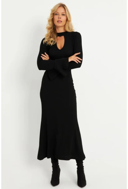 Kadın Siyah Pencereli Kaşkorse Midi Elbise EY2907