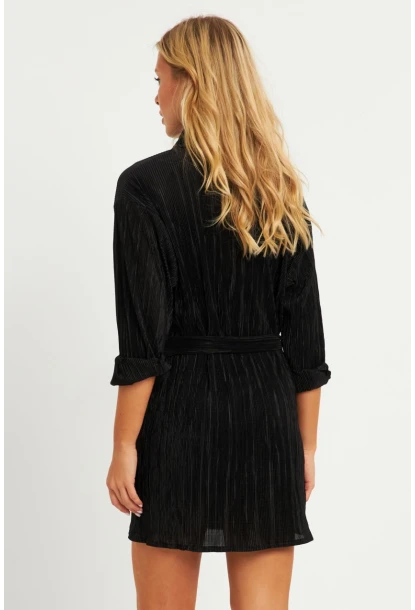 Kadın Siyah Piliseli Kemerli Mini Elbise TW70124-90
