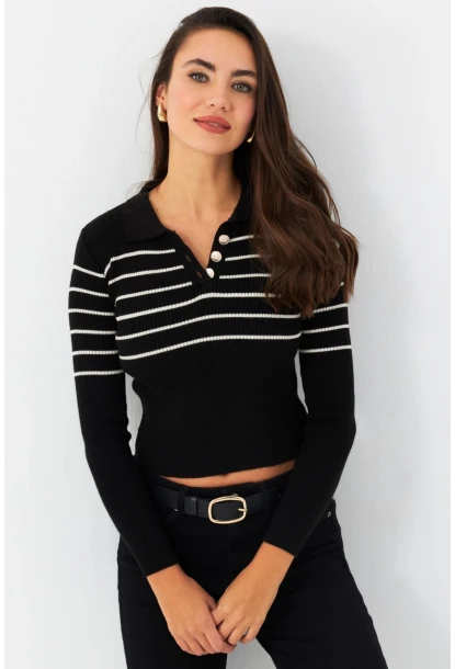 Kadın Siyah Polo Yaka Çizgili Triko Bluz MK65