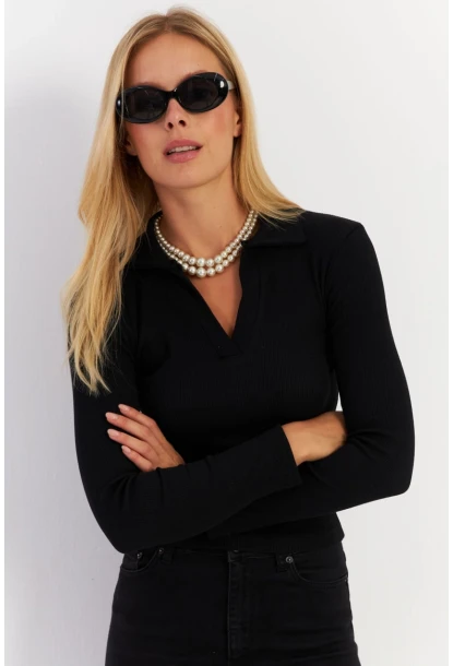 Kadın Siyah Polo Yaka Kaşkorse Bluz LON3006