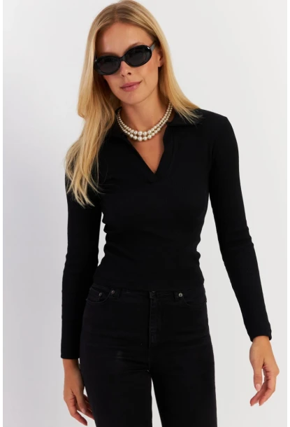 Kadın Siyah Polo Yaka Kaşkorse Bluz LON3006