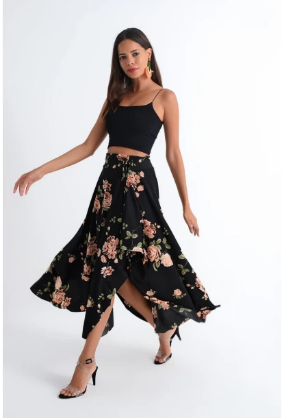 Kadın Siyah-Pudra Asimetrik Etek LV81