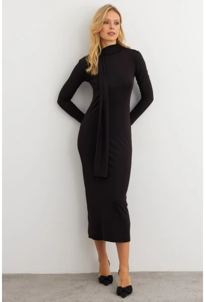 Kadın Siyah Şal Detaylı Midi Elbise MEY3010