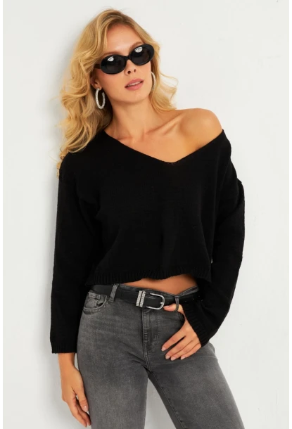 Kadın Siyah Salaş Kısa Triko Bluz YV281