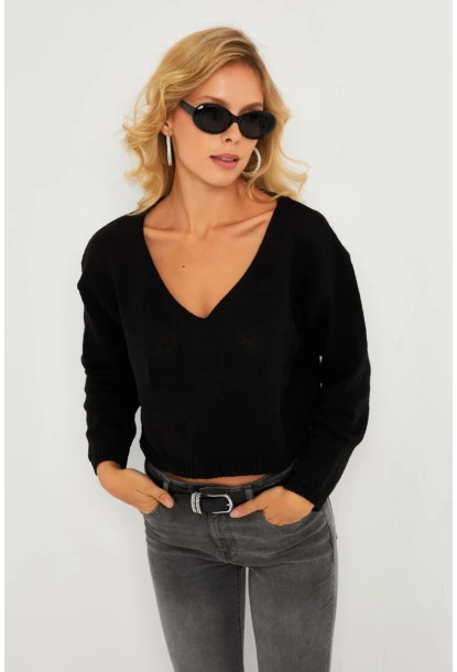 Kadın Siyah Salaş Kısa Triko Bluz YV281