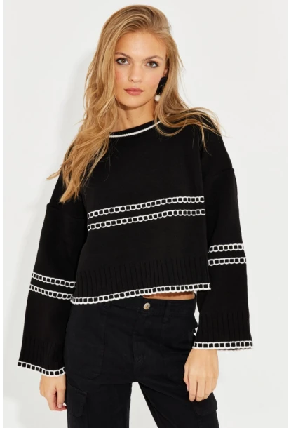 Kadın Siyah Salaş Triko Kısa Kazak YZ518