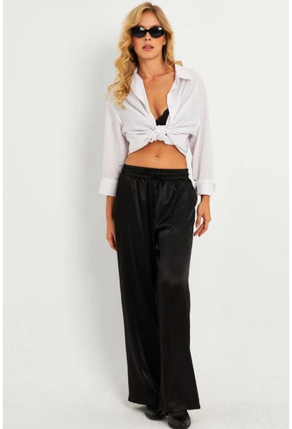 Kadın Siyah Saten Palazzo Pantolon DMR356