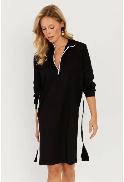 Kadın Siyah Şeritli Fermuarlı Midi Elbise ST5024