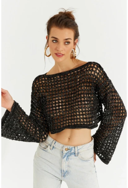 Kadın Siyah Simli Ajurlu Triko Kısa Bluz YV141