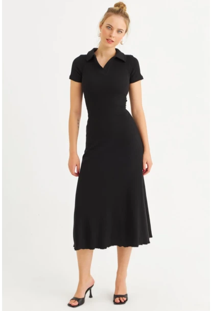 Kadın Siyah Sırt Bağlamalı Kaşkorse Midi Elbise MFRY0001